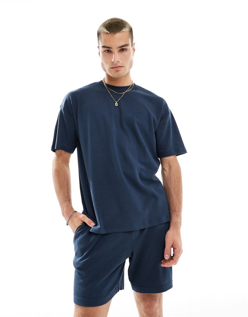 New Look co-ord waffle t-shirt in navy
