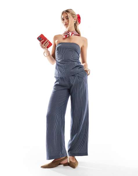 New Look co-ord wide leg stripe trousers in blue - view 1