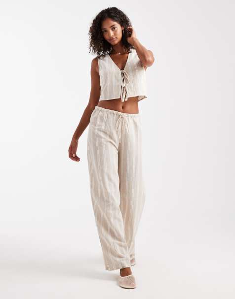 New Look co-ord wide leg stripe trousers in cream