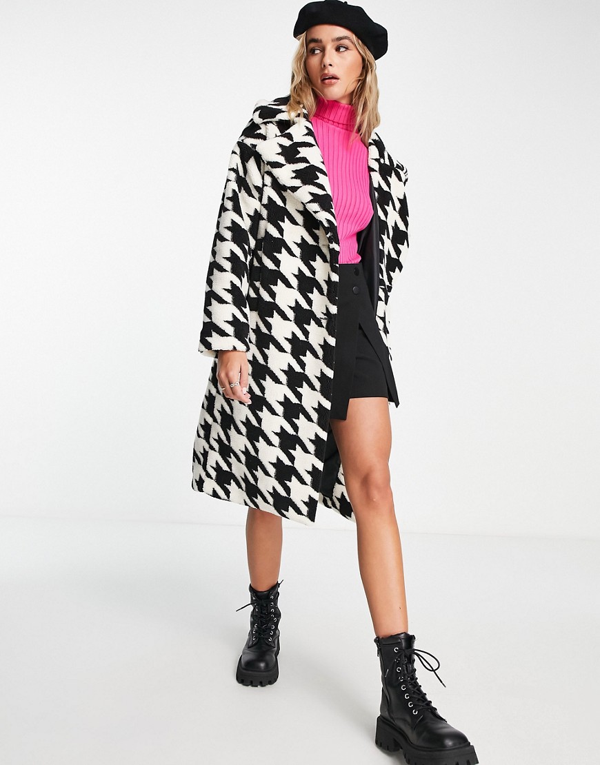 New Look coat in dogtooth pattern-Black