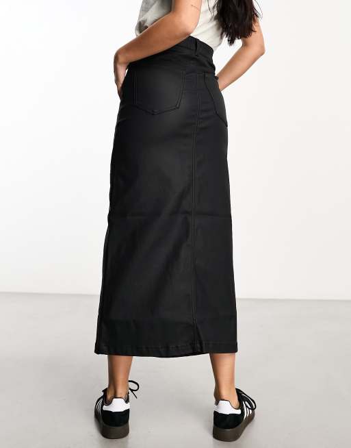 Black Leather-Look Coated Split Hem Midi Skirt