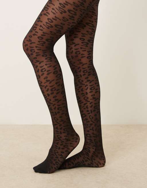 Collants Fantaisie Femme – Noir Extérieur Résille Léopard – Taille Unique – Neuf