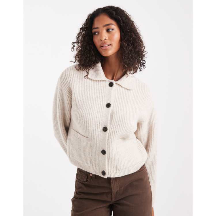 New Look collar button through cardigan in cream ASOS