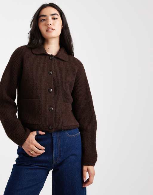 New Look collar button up cardigan in dark brown