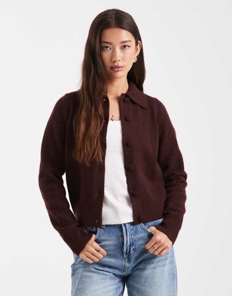 New Look collar cardigan in burgundy - view 1