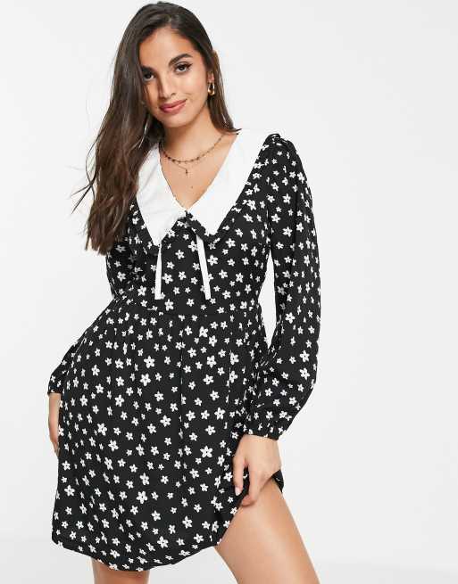 New Look collar detail mini dress in black ditsy floral