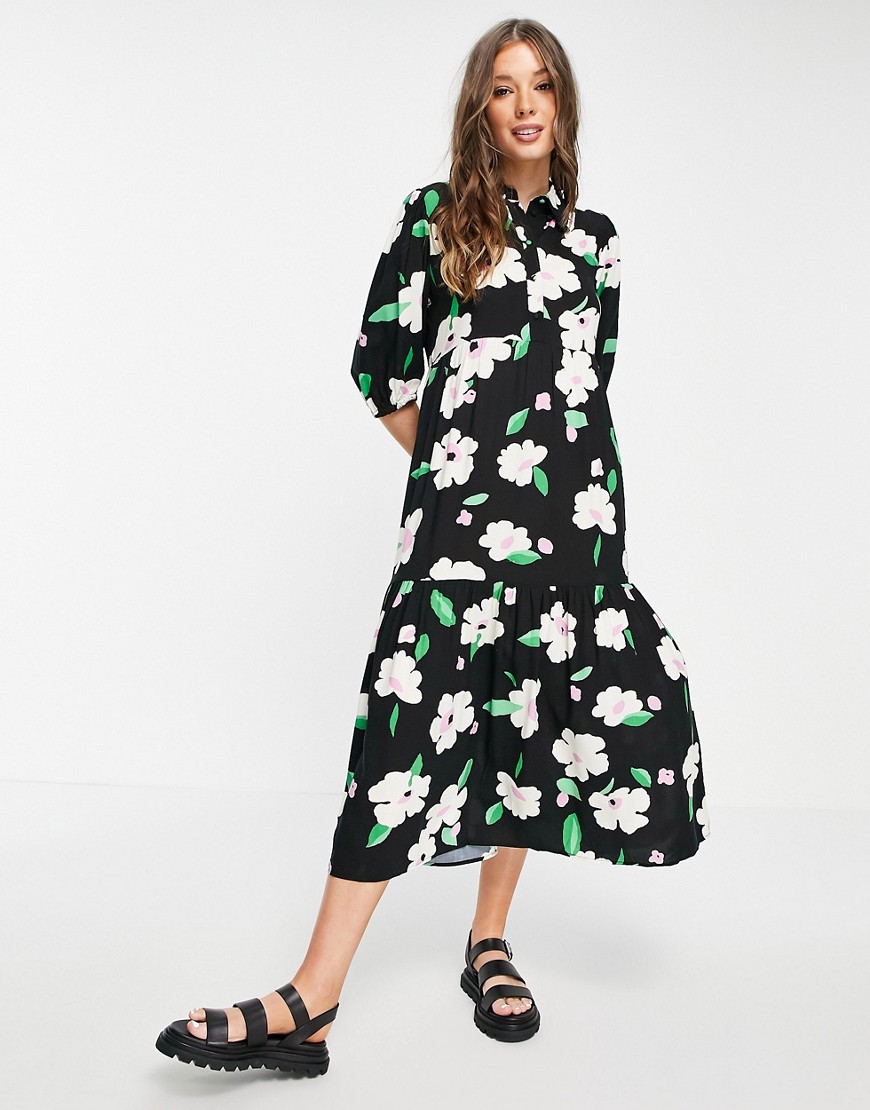 New Look collar detail smock shirt dress in black ditsy floral