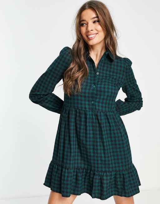 New Look collared button through smock dress in green check | ASOS