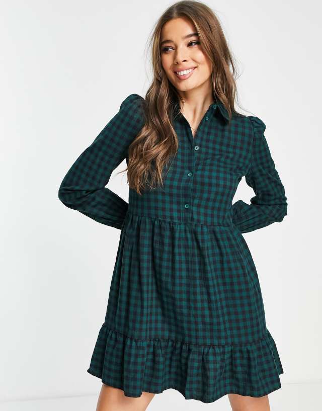 New Look collared button through smock dress in green check