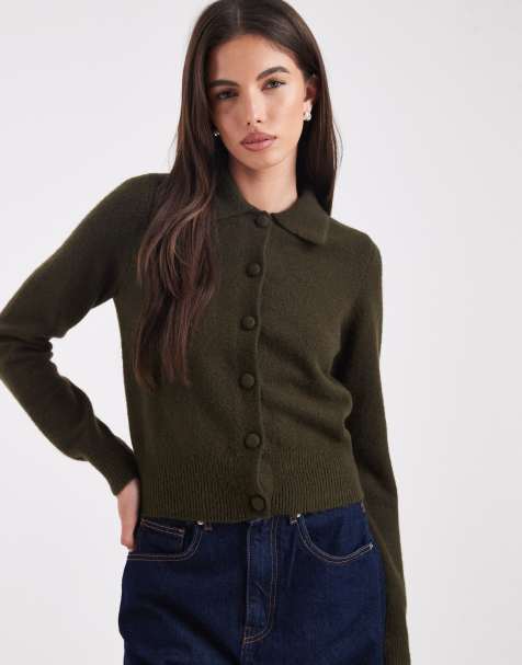 New Look collared cardigan in khaki - view 1