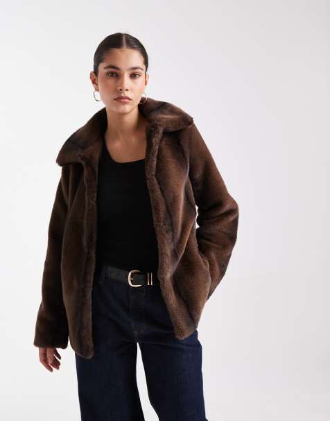 New Look collared faux fur coat in brown - view 1