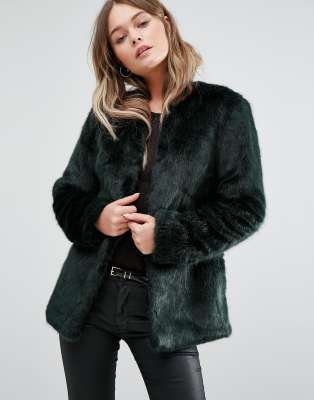 black collarless fur jacket