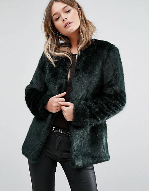 New Look Collarless Faux Fur Coat