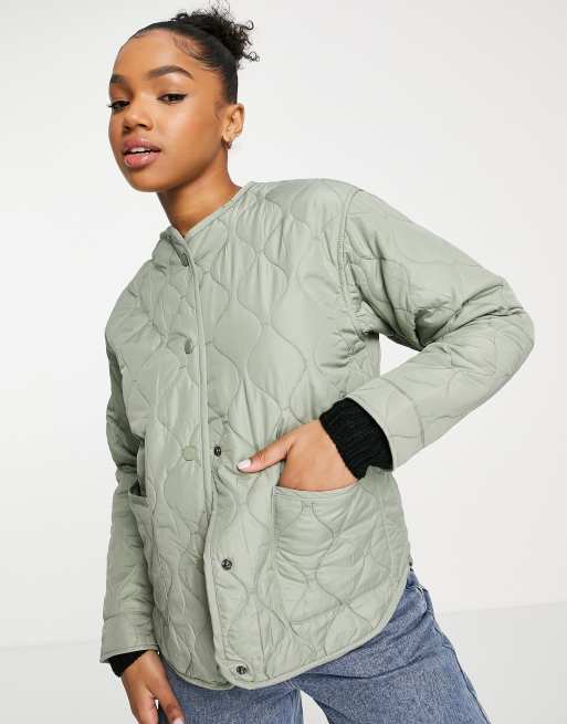 Collarless store quilted jacket