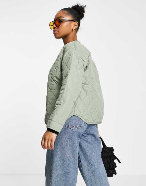 New Look collarless quilted jacket in light green