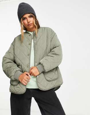 New Look collarless quilted jacket in light green ASOS