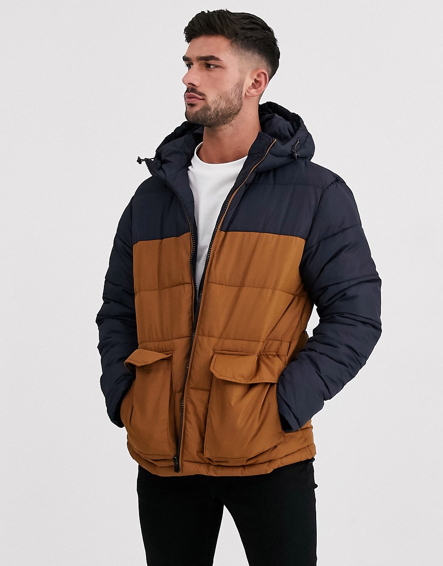 New Look colour block puffer jacket in navy and tobacco