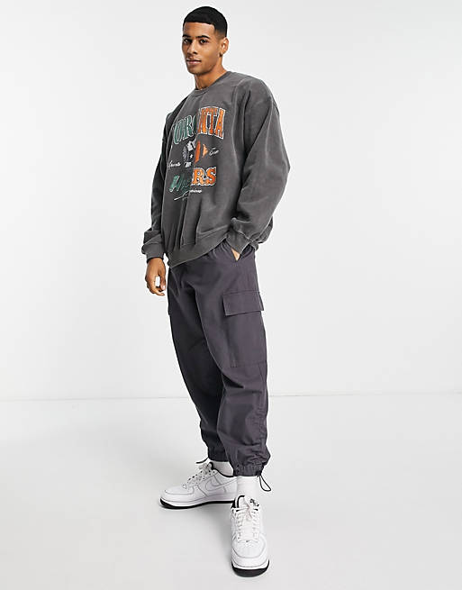 Hoodies & Sweatshirts New Look colour block spliced sweat with varsity print in dark grey 