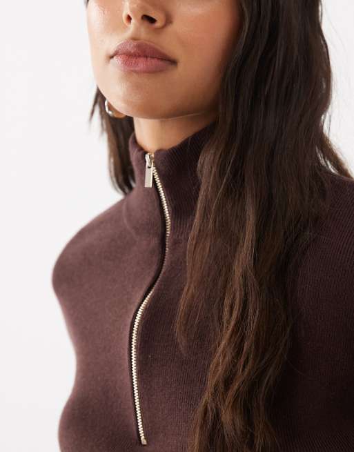 New Look compact knit half zip jumper in dark brown, 3 of 4