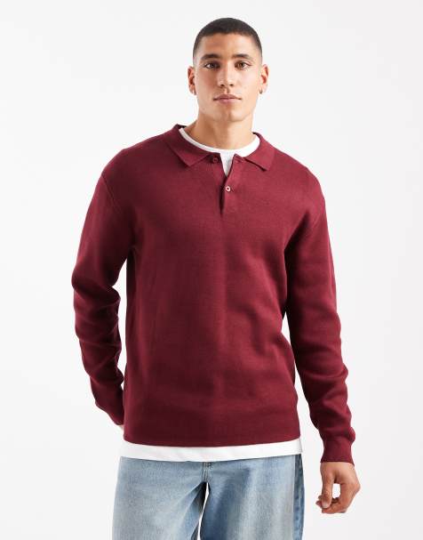 New Look compact knit polo jumper in dark burgundy - view 1