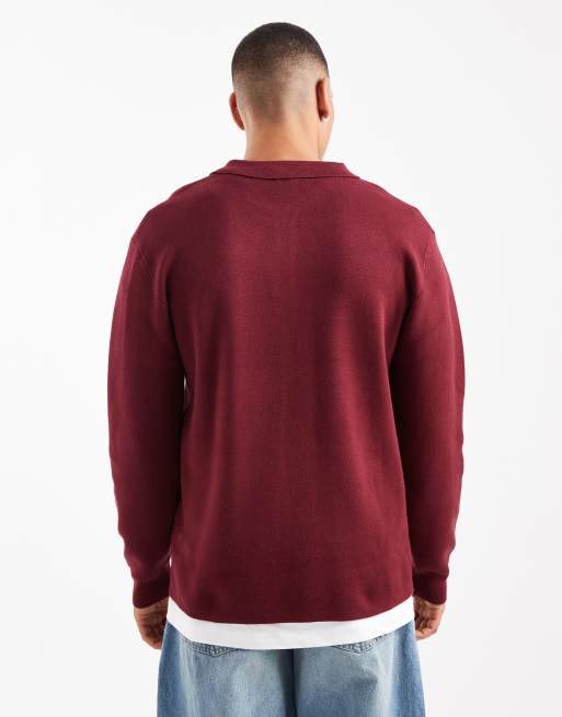 New Look compact knit polo jumper in dark burgundy, 3 of 5