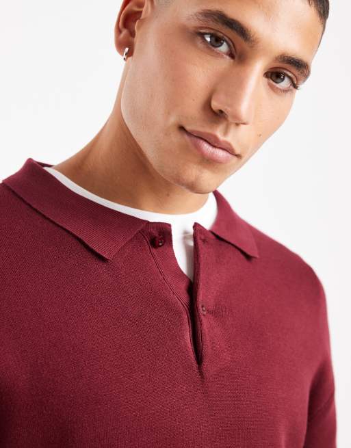 New Look compact knit polo jumper in dark burgundy, 5 of 5