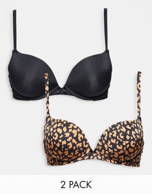 New Look - Confezione da 2 reggiseni push up in colore neutro e con stampa leopardata
