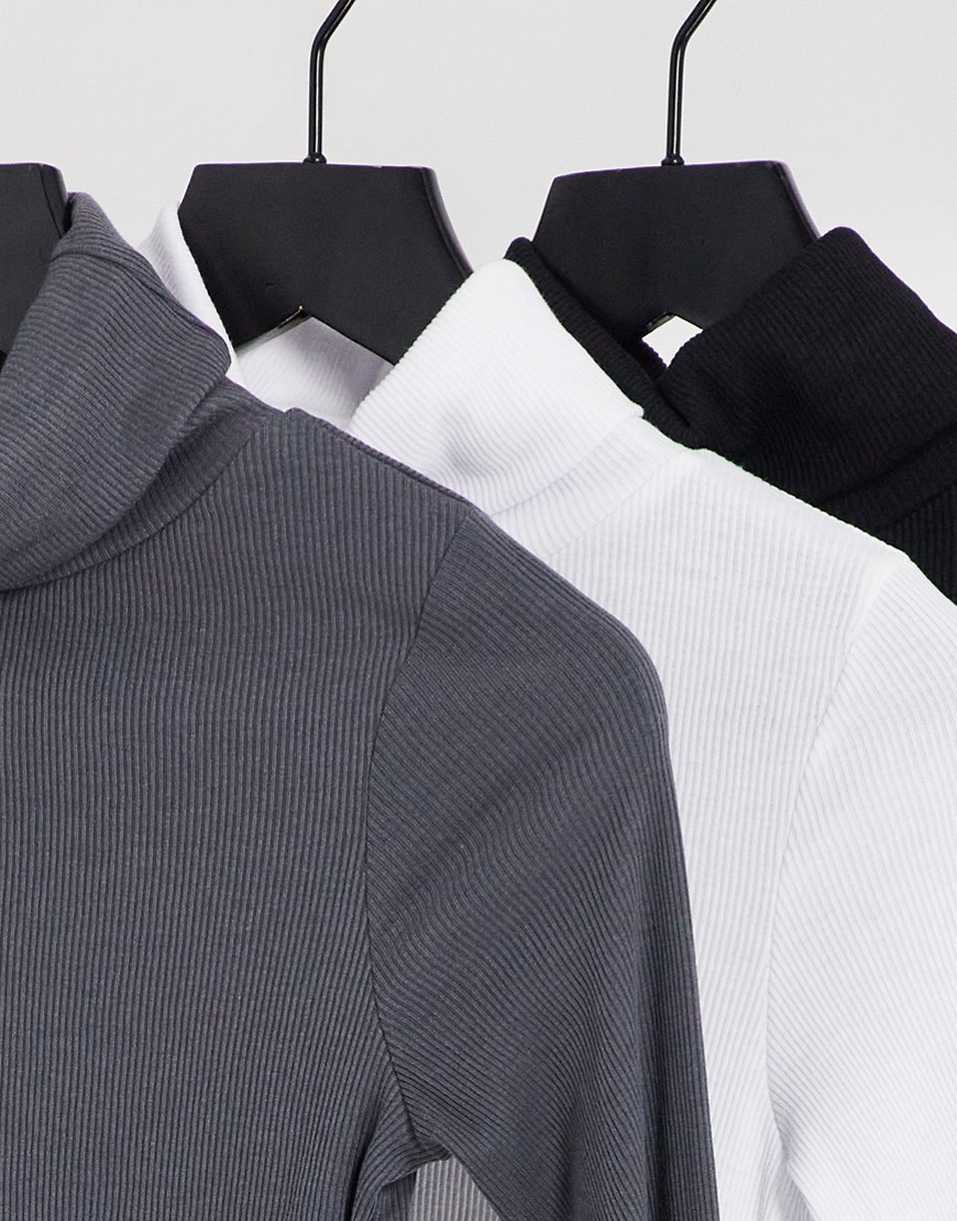 Confezione da 3 dolcevita a maniche lunghe a coste nero, color pietra e grigio-Multicolore - New Look Camicia donna  - immagine1