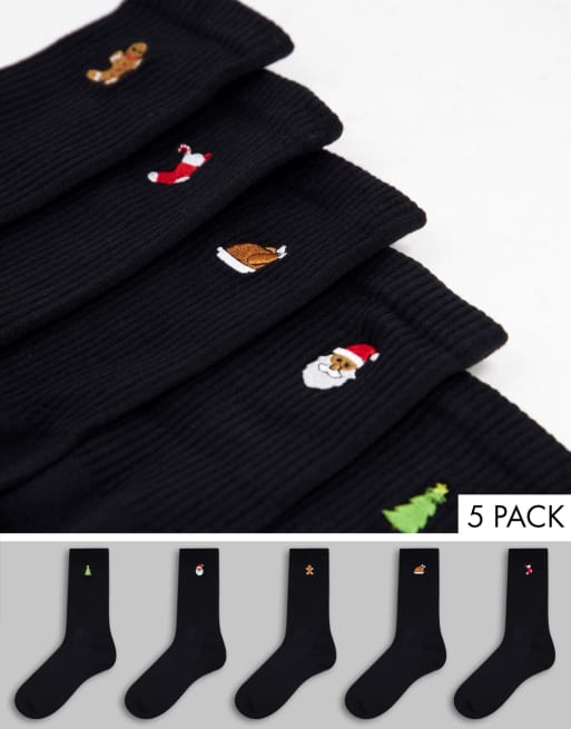 New Look - Confezione da cinque paia di calzini natalizi nero multicolore con ricamo