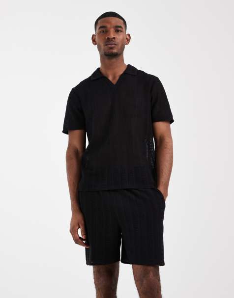 New Look - Conjunto negro de camiseta con cuello de solapas y pantalones cortos de croché - view 1