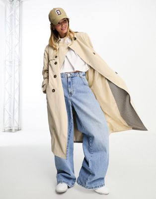 New Look contrast check trench coat in stone - ASOS Price Checker