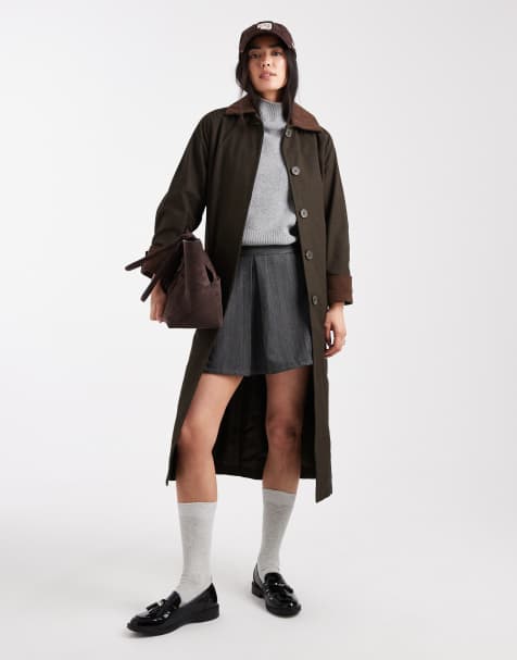 New Look contrast collar trench coat in olive green - view 1