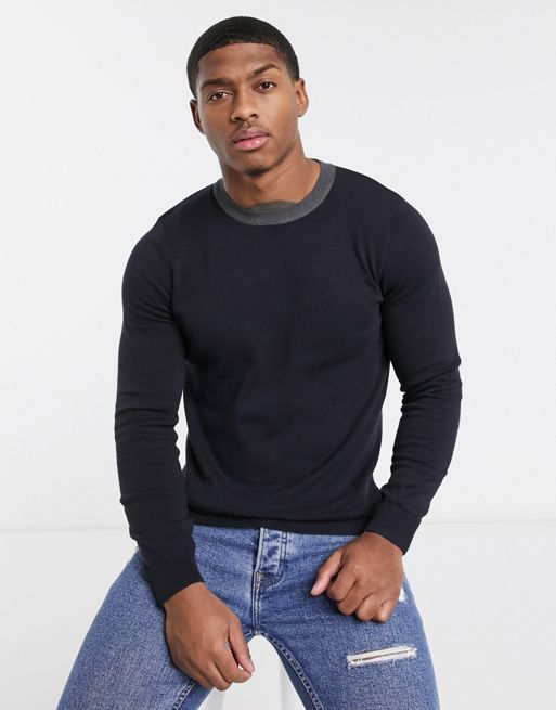 New Look contrast knitted jumper in navy | ASOS