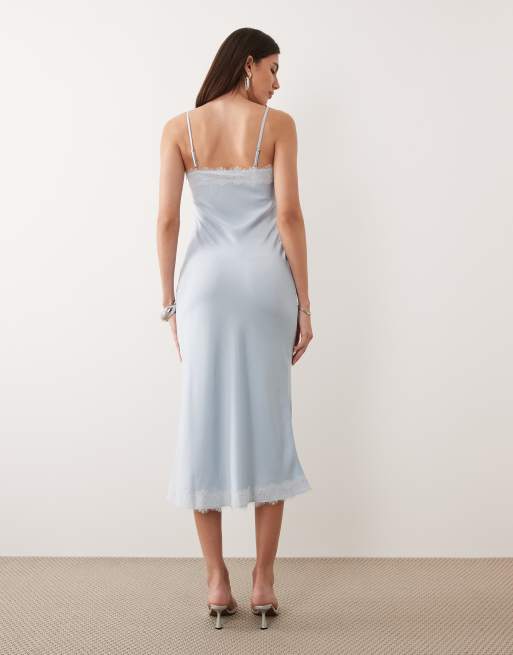 New Look contrast lace strappy satin midi dress in blue, 3 of 4