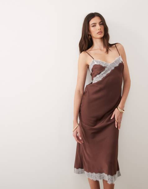 New Look contrast lace strappy satin midi dress in brown - view 1
