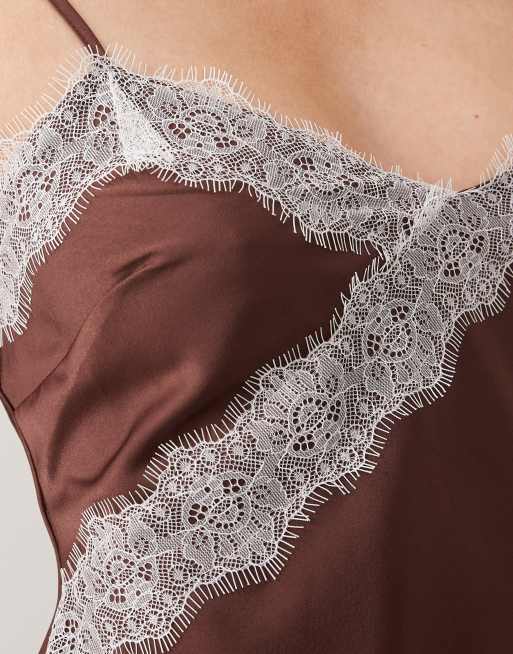 New Look contrast lace strappy satin midi dress in brown, 2 of 4