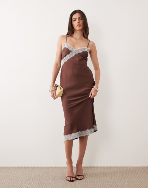 New Look contrast lace strappy satin midi dress in brown, 3 of 4