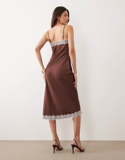 New Look contrast lace strappy satin midi dress in brown, 4 of 4
