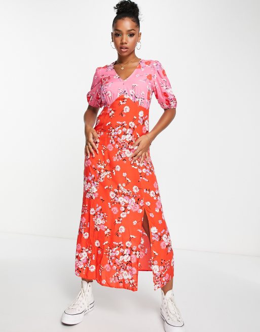 New Look contrast print midi tea dress in pink and red floral ASOS