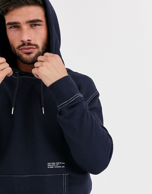 New Look contrast stitch overhead text hoodie in navy
