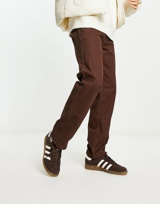 New Look contrast stitch straight leg trousers in brown - ASOS Price Checker