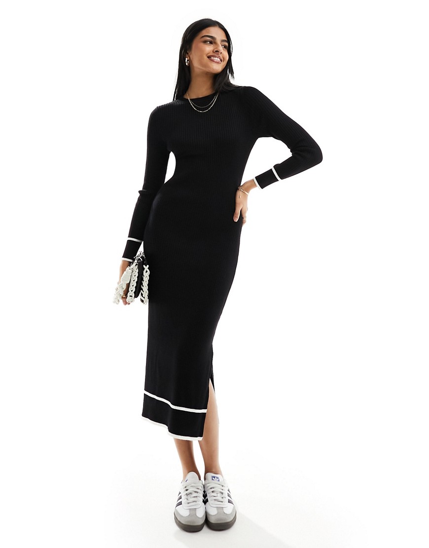 New Look contrast tipped knitted midi dress in black