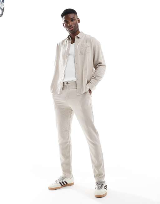 New Look - Coordinato color pietra in misto lino con pantaloni e camicia