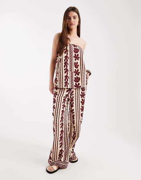 New Look - Coordinato marrone a fantasia con pantaloni e top a fascia - view 1