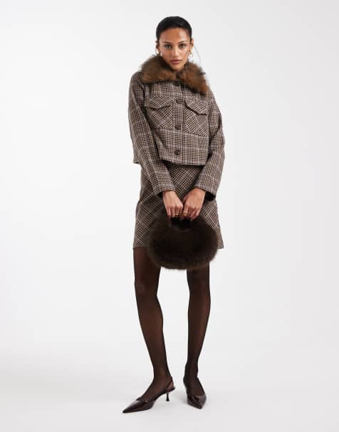 New Look - Coordinato marrone a quadri con minigonna e giacca corta squadrata - view 1