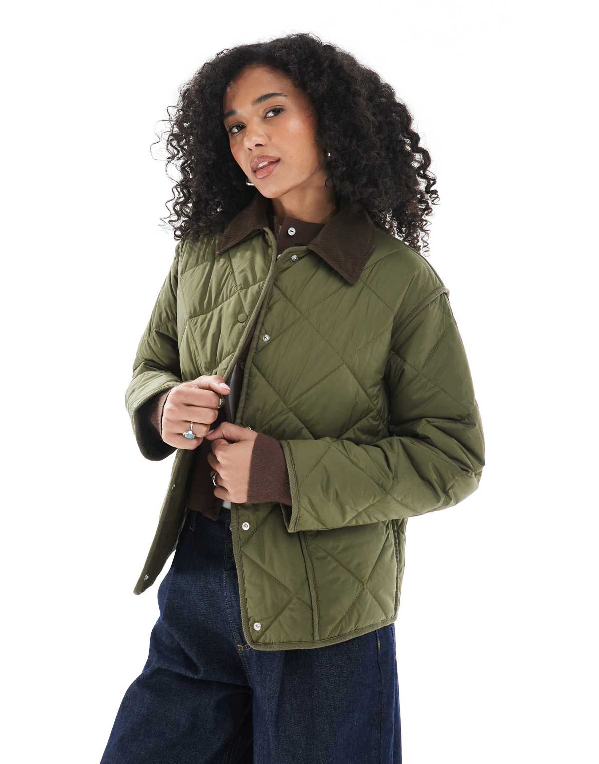 New Look cord collar quilted jacket in khaki