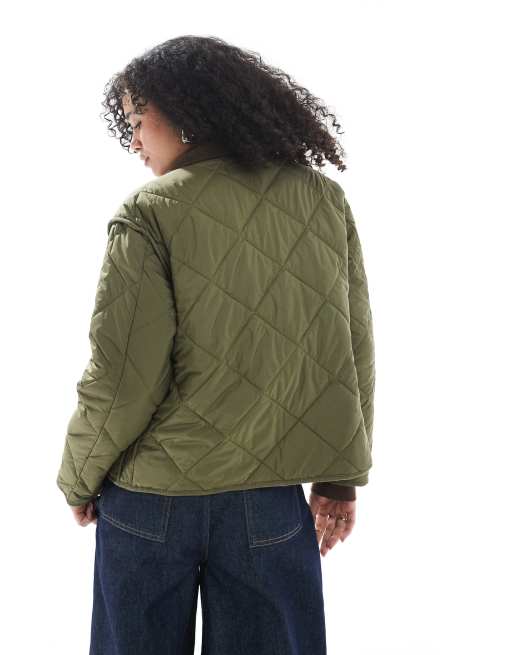 New Look cord collar quilted jacket in khaki, 2 of 4