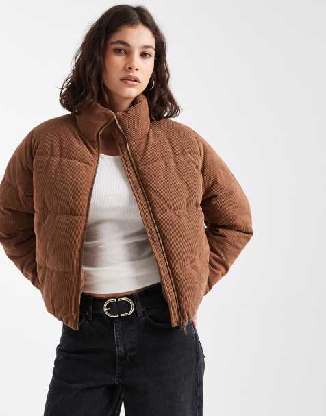 New Look cord cropped puffer jacket in tan - view 1