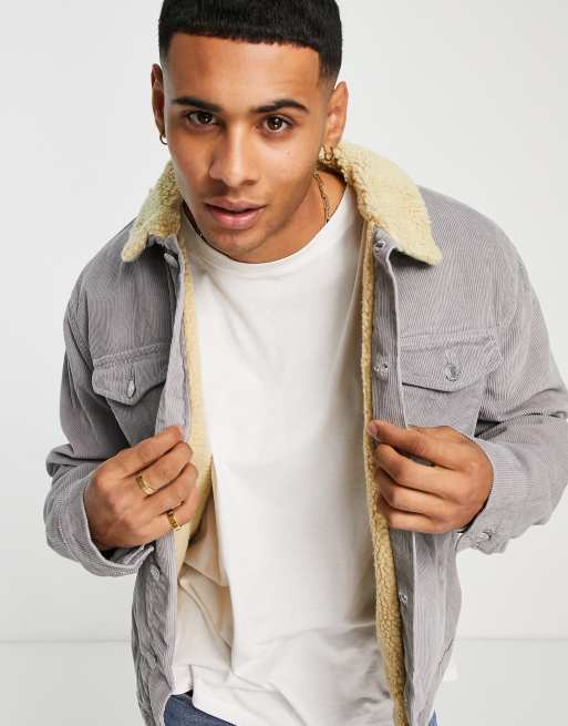 New Look cord jacket with sherpa collar in gray | ASOS