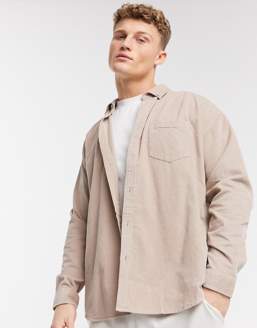 New Look cord oversize shirt in stone-Neutral